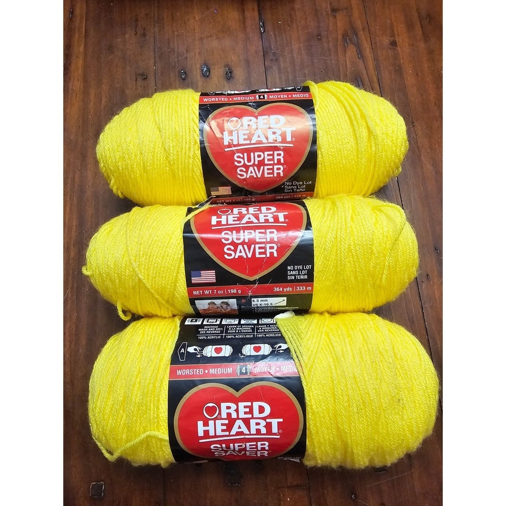 3 Red Heart Super Saver Yarn Bright Yellow 0324 Worsted 4 Medium 7oz 364yd Each